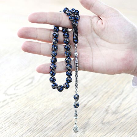 Erzurum Oltu Taşı Tesbih - 925 Ayar Kral Zincir Püsküllü - Gümüş Firuze İşlemeli - Küre Kesim