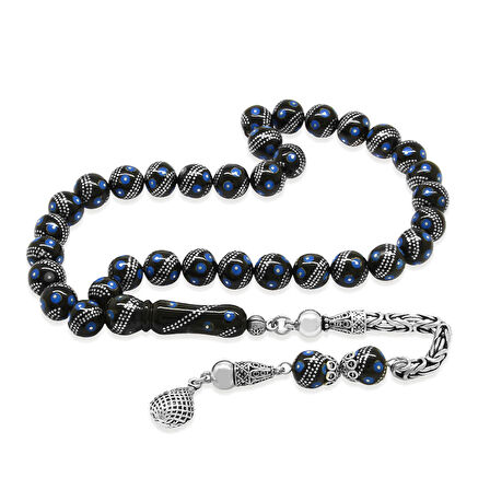 Erzurum Oltu Taşı Tesbih - 925 Ayar Kral Zincir Püsküllü - Gümüş Firuze İşlemeli - Küre Kesim