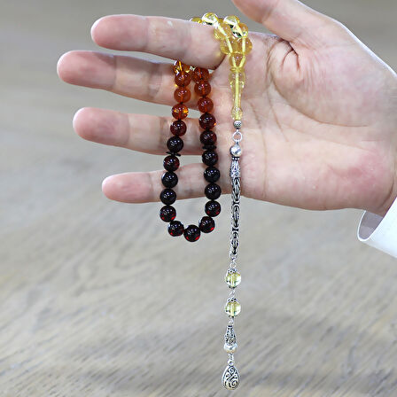 Damla Kehribar Tesbih - 925 Ayar Gümüş Kral Zincirli - Süzme Kırmızı Sarı Renk - Küre Kesim