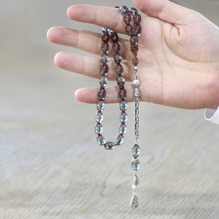 Ateş Kehribar Tesbih - 925 Ayar Gümüş Kral Zincir Püsküllü - Su Mavisi Renk - Arpa Kesim