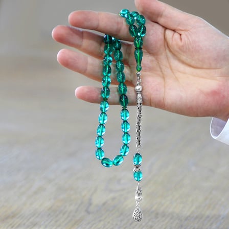 Ateş Kehribar Tesbih - 925 Ayar Gümüş Kral Zincir Püsküllü - Açık Yeşil Renk - Arpa Kesim