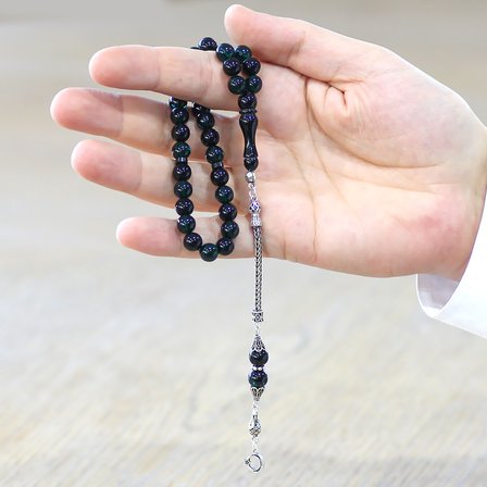 Ateş Kehribar Tesbih - 925 Ayar Gümüş Püsküllü - Turkuaz Siyah Renk - Küre Kesim