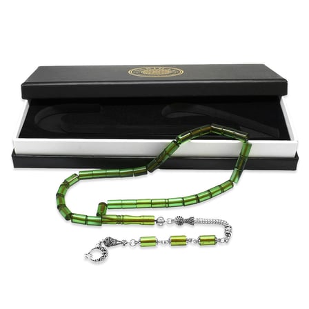 Ateş Kehribar Tesbih - Kararmaz Metal Püsküllü - Özel Hediye Kutulu - Açık Yeşil Renk - Kesme Kesim