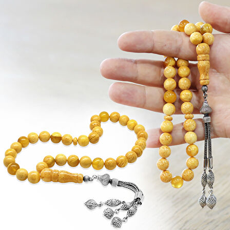 Damla Kehribar Tesbih - 925 Ayar Gümüş Püsküllü - Küre Kesim - King Seccer - Premium Kutulu