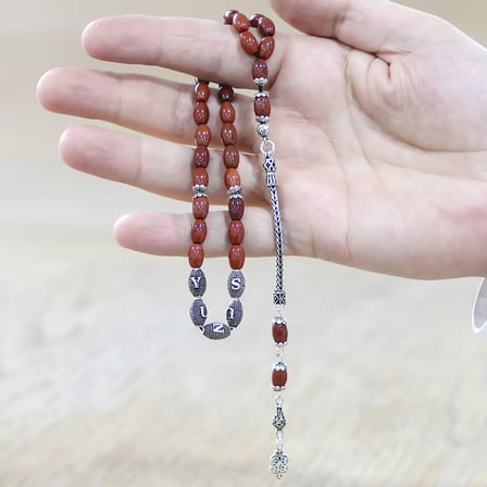 Doğaltaş Opal Tesbih - 925 Ayar Gümüş Püsküllü - Kişiye Özel İsim Yazılı - Kırmızı Renk - Arpa Kesim