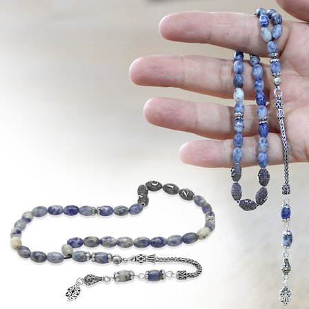 Doğaltaş Sodalit Tesbih - 925 Ayar Gümüş Püsküllü - Kişiye Özel İsim Yazılı - Arpa Kesim