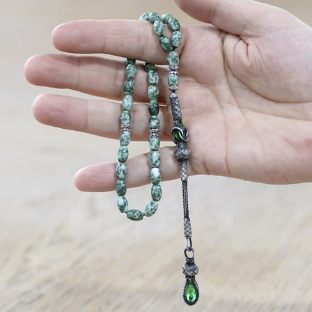 Doğaltaş Jasper Tesbih - 1000 Ayar Gümüş Kazaz Püsküllü - Çok Renkli - Arpa Kesim