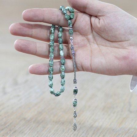 Doğaltaş Jasper Tesbih - 925 Ayar Gümüş Püsküllü - Çok Renkli - Arpa Kesim