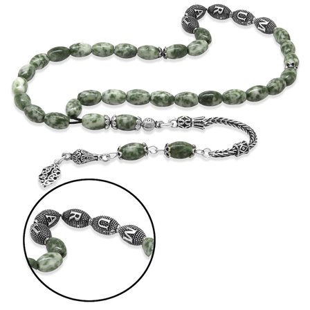 Doğaltaş Jasper Tesbih - 925 Ayar Gümüş Püsküllü - Kişiye Özel İsim Yazılı - Arpa Kesim