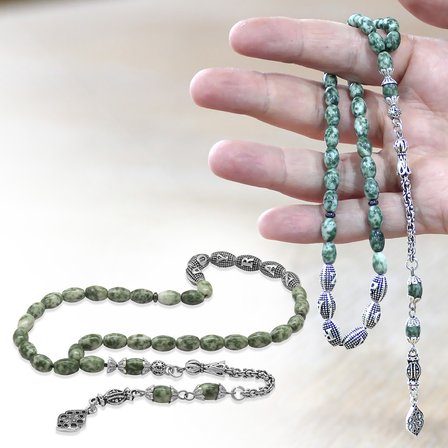 Doğaltaş Jasper Tesbih - Kararmaz Metal Arnavut Püsküllü - Kişiye Özel İsim Yazılı - Arpa Kesim