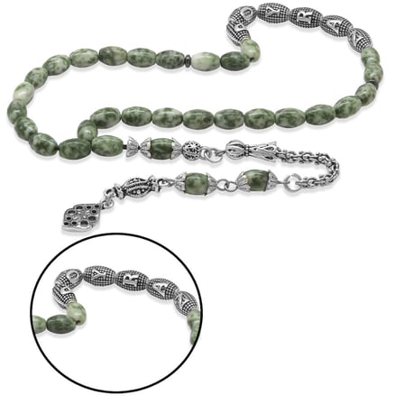 Doğaltaş Jasper Tesbih - Kararmaz Metal Arnavut Püsküllü - Kişiye Özel İsim Yazılı - Arpa Kesim
