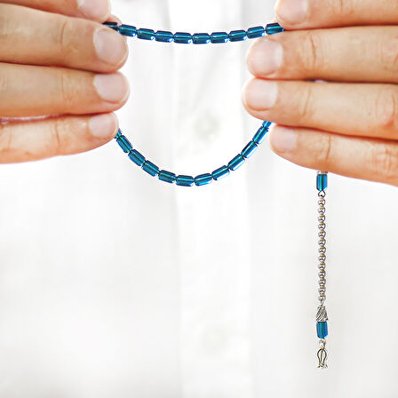 Ateş Kehribar Tesbih - Kararmaz Metal Püsküllü - Bilek Boy - Mavi Renk - Kapsül Kesim