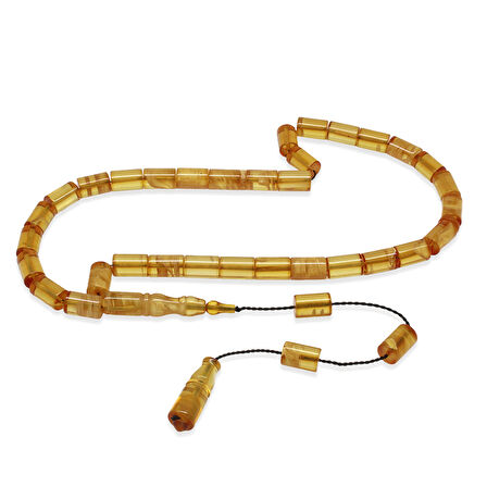 Ateş Kehribar Tesbih - Sistemli - Sarı Beyaz Hareli - Kesme Kesim