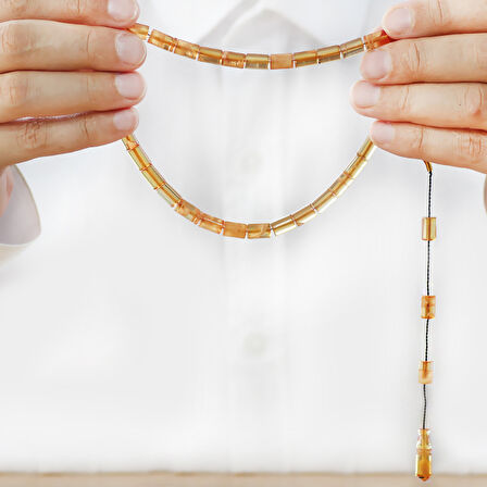 Ateş Kehribar Tesbih - Sistemli - Sarı Beyaz Hareli - Kesme Kesim