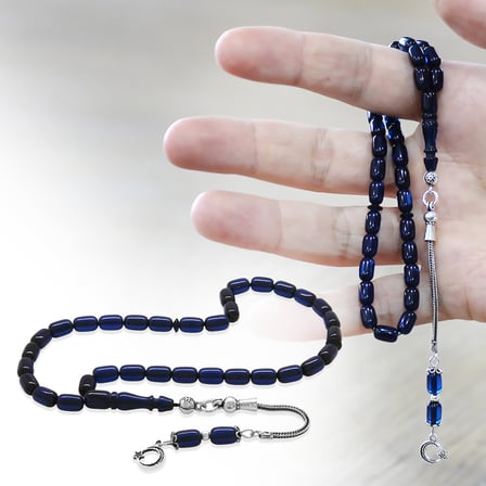 Sıkma Kehribar Tesbih - 925 Ayar Gümüş Püsküllü - Mini Boy - Turkuaz - Kapsül Kesim