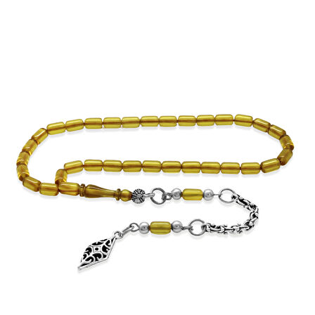 Ateş Kehribar Tesbih - Kararmaz Metal Arnavut Püsküllü - Bilek Boy - Ihlamur Sarı - Kapsül Kesim