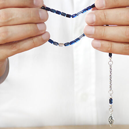 Ateş Kehribar Tesbih - Kararmaz Arnavut Püsküllü - Bilek Boy - Lacivert Beyaz Renk - Kapsül Kesim