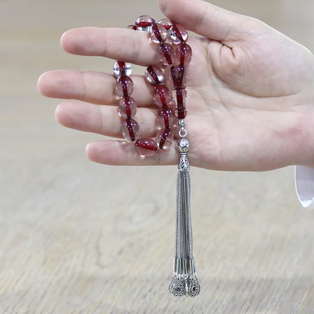 Ateş Kehribar Efe Tesbih - 10 lu Kamçı Kararmaz Metal Püsküllü - Şeffaf Renk - Kapsül Kesim