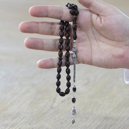 Sırçalı Kuka Tesbih - 925 Ayar Gümüş Kral Zincir Püsküllü - Koyu Kahverengi - Arpa Kesim