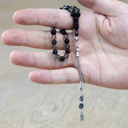 Ateş Kehribar Tesbih - 925 Ayar Gümüş Püsküllü - Bilek Boy - Siyah Beyaz Renk - Küre Kesim