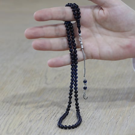 Sıkma Kehribar Namaz Tesbihi - 925 Ayar Gümüş Vav Püsküllü - Süzme Mavi Siyah - Küre Kesim