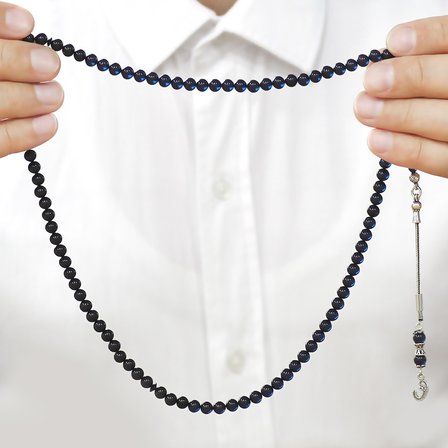 Sıkma Kehribar Namaz Tesbihi - 925 Ayar Gümüş Vav Püsküllü - Süzme Mavi Siyah - Küre Kesim
