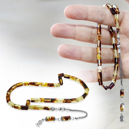 Fosilli Beyrut Kehribar Tesbih - 925 Ayar Gümüş Püsküllü - Mini Boy - Sarı Siyah - Kesme Kesim