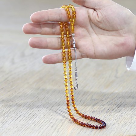 Damla Kehribar Namaz Tesbihi - 925 Ayar Gümüş Püsküllü - Süzme Sarı Kırmızı Renk - Küre Kesim