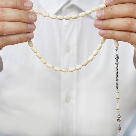 Deve Kemiği Tesbih - 925 Ayar Gümüş Kral Zincir Püsküllü - Naturel Renk - Kapsül Kesim