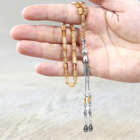 Ateş Kehribar Tesbih - Metal Damla Püsküllü - Mini Boy - Hareli Açık Sarı Renk - Kesme Kesim