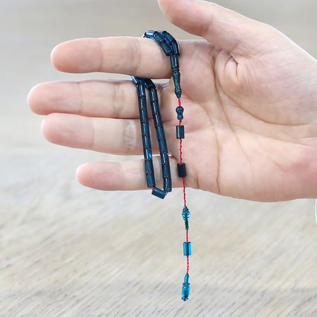 Ateş Kehribar Tesbih - Sistemli - Mavi Renk - Mini Boy - Kesme Kesim