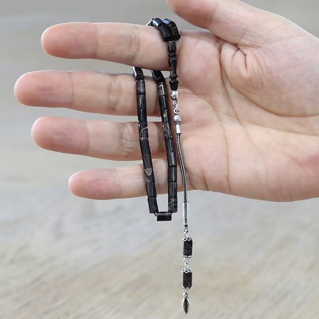 Sıkma Kehribar Tesbih - 925 Ayar Gümüş Püsküllü - Mini Boy - Ebruli Renk - Kesme Kesim