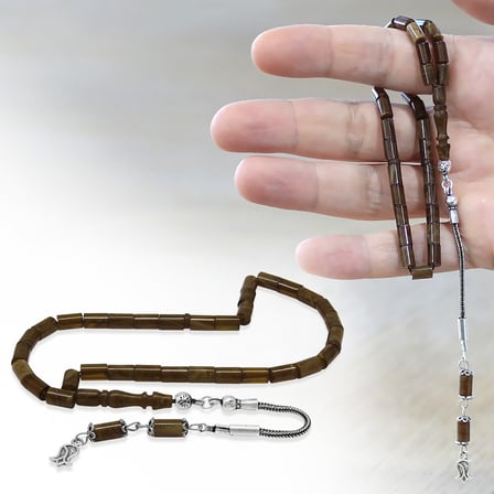 Sıkma Kehribar Tesbih - 925 Ayar Gümüş Püsküllü - Mini Boy - Kahverengi Beyaz - Kesme Kesim