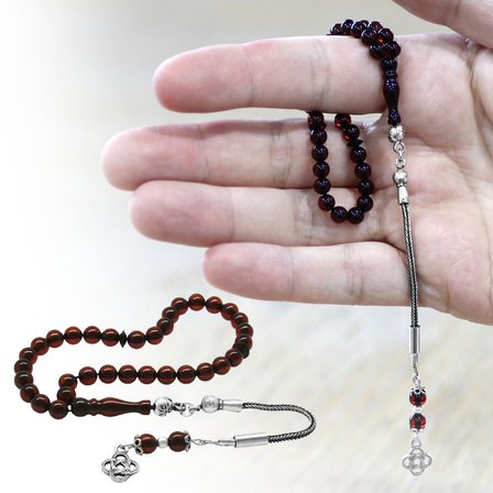 Damla Kehribar Tesbih - 925 Ayar Gümüş Püsküllü - Mini Boy - Koyu Kırmızı - Küre Kesim