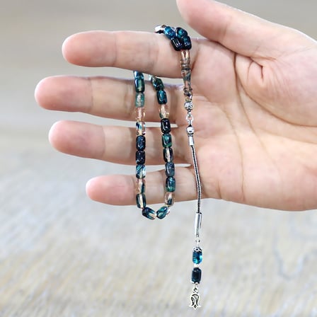 Ateş Kehribar Tesbih - 925 Ayar Gümüş Püsküllü - Mavi Beyaz Ebruli Renk - Mini Boy - Kapsül Kesim