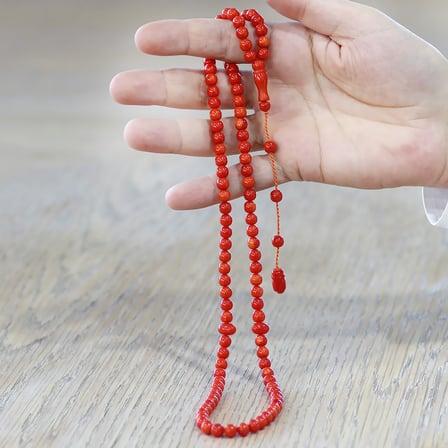 Ateş Kehribar Namaz Tesbihi - Sistemli - Kırmızı Renk - Özel Kesim