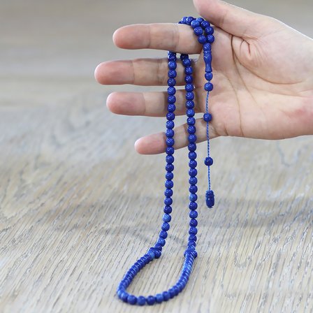 Ateş Kehribar Namaz Tesbihi - Sistemli - Mavi Renk - Özel Kesim