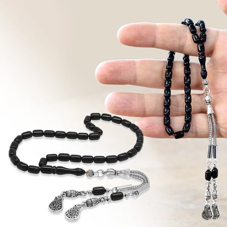 Sıkma Kehribar Tesbih - Mini Boy - Kararmaz Metal Lale Püsküllü - Siyah - Kapsül Kesim