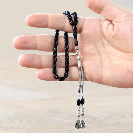 Sıkma Kehribar Tesbih - Mini Boy - Kararmaz Metal Lale Püsküllü - Siyah - Kapsül Kesim