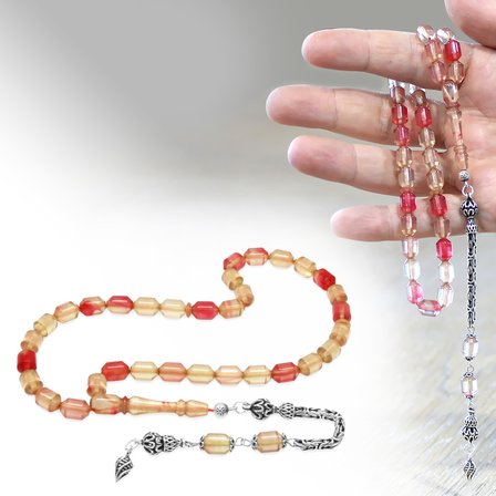 Ateş Kehribar Tesbih - 925 Ayar Gümüş Kral Zincir Püsküllü - Elmas Kesim - Kırmızı Beyaz Renk