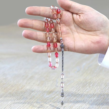 Ateş Kehribar Tesbih - 925 Ayar Gümüş Kral Zincir Püsküllü - Elmas Kesim - Kırmızı Beyaz Renk