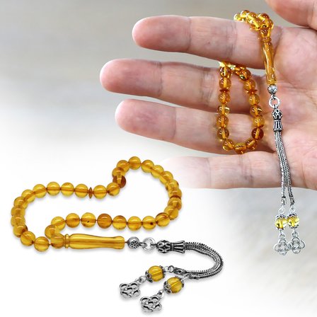 Damla Kehribar Tesbih - 925 Ayar Gümüş Püsküllü - Küre Kesim - Sarı Renk