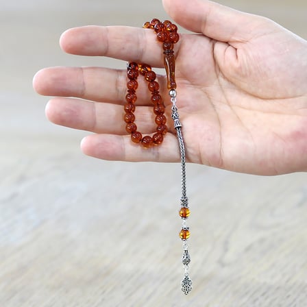 Damla Kehribar Tesbih - 925 Ayar Gümüş Püsküllü - Küre Kesim - Bal Rengi