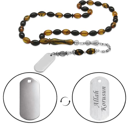 Ateş Kehribar Tesbih - Metal Püsküllü - Sarı Siyah Renk - İsme Özel Yazılı - Arpa Kesim