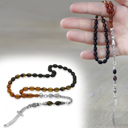 Ateş Kehribar Tesbih - Metal Püsküllü - Sarı Siyah - Zülfikar Uçlu İsme Özel Yazılı - Arpa Kesim