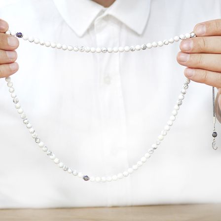 Havlit Doğaltaş Namaz Tesbihi - 925 Ayar Gümüş Vav Püsküllü - Beyaz Renk - Küre Kesim