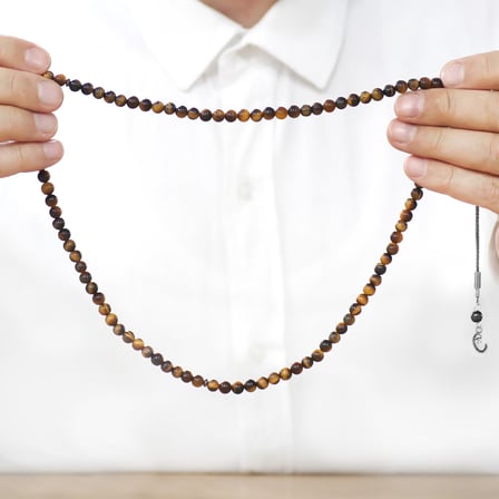Kaplan Gözü Doğaltaş Namaz Tesbihi - 925 Ayar Gümüş Vav Püsküllü - Kahverengi - Küre Kesim