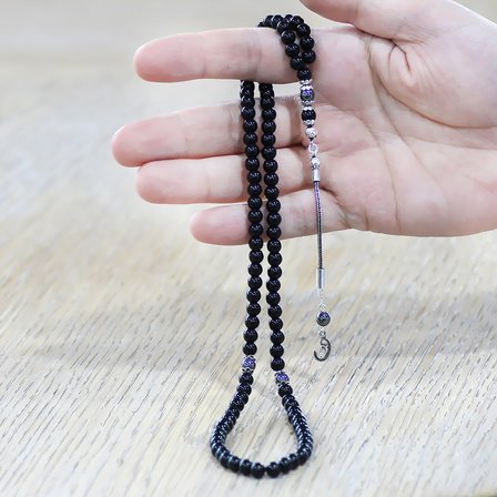 Oniks Doğaltaş Namaz Tesbihi - 925 Ayar Gümüş Vav Püsküllü - Siyah Renk - Küre Kesim