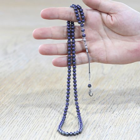 Hematit Doğaltaş Namaz Tesbihi - 925 Ayar Gümüş Vav Püsküllü - Gri Renk - Küre Kesim