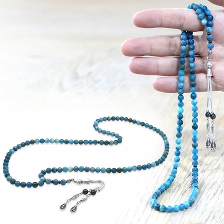 Apatit Doğaltaş Namaz Tesbihi - Kararmaz Metal Damla Püsküllü - Pastel Renk - Küre Kesim
